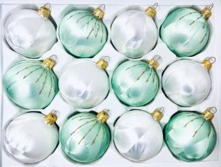 Irisa Vánoční ozdoby MADLEN kombinace bílé a zelené koule s dekorem mrazolak  7 cm, SET 12 ks Balení: 12ks, Barva: bílá;zelená, Velikost: 7 cm