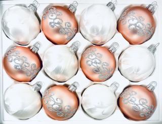 Irisa Vánoční ozdoby NIKA kombinace bílé a růžové koule s dekorem mrazolak  7 cm, SET 12 ks Balení: 12ks, Barva: růžová;bílá, Velikost: 7 cm