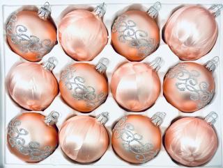 Irisa Vánoční ozdoby NIKA růžové koule s dekorem mrazolak  7 cm, SET 12 ks Balení: 12ks, Barva: růžová, Velikost: 7 cm
