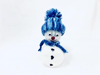 Irisa Vánoční skleněná figurka SNĚHULÁK RUDOLF s modrobílou čepicí a šálou 1 ks (bílá, velikost 12 cm ) Barva: bílá