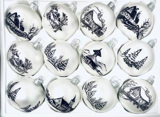 Irisa Vánoční skleněná sada BÍLÁ LHOTA bílé koule s dekorem vesnička 7 cm, SET 12 ks Balení: 12ks, Barva: bílá, Velikost: 7 cm