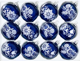 Irisa Vánoční skleněná sada modré koule s dekorem modrotisk 7 cm, SET 12 ks Balení: 12ks, Barva: modrá, Velikost: 7 cm