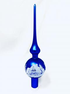 Irisa Vánoční skleněná špice MODRÁ LHOTA s dekorem vesnička 28 cm, 1 ks Balení: 1ks, Barva: modrá, Velikost: 28 cm