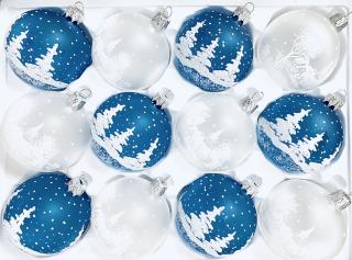 Irisa Vánoční skleněné ozdoby - Kostelík na bílé a Strom na modré (velikost 7 cm, sada 12 ks) Balení: 7 cm, Barva: bílá;modrá, Velikost: 7 cm