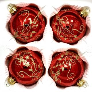 Luxusní červené vánoční koule se zlatými ornamenty – sada 4 ks, 7 cm Balení: 4ks, Barva: červená, Velikost: 7 cm