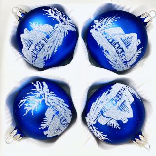 Modrá Zimní Idylka - Zasněžená chaloupka, sada 4 ks skleněných ozdob (Velikost 7cm) Balení: 4ks, Barva: modrá, Velikost: 7 cm