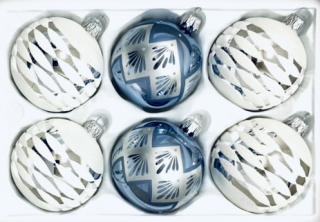 Sada 6 ks Skleněných ozdob - Tajemná ... Ornamenty (bílá a modrá, Velikost 7cm) IRISA  Balení: 6 ks, Barva: bílá;modrá, Velikost: 7 cm