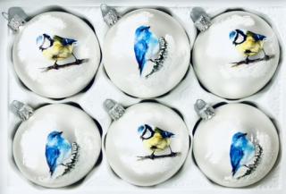 Sada  Ptačí vánoční bašta  - 6 ks, skleněné ozdoby, velikost 8 cm (ptáci mají svou vlastní oslavu) Balení: 6ks, Barva: bílá, Velikost: 8 cm