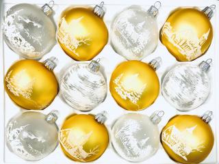 Sada vánočních ozdob, 12 ks, UNIKÁT BASMAT, 7 cm Balení: 12ks, Barva: bílá;zlatá, Velikost: 7 cm