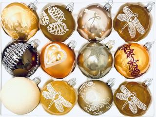 Sada vánočních ozdob, 12 ks, UNIKÁT MAACAH, 7 cm Balení: 12ks, Barva: bílá;zlatá;hnědá, Velikost: 7 cm