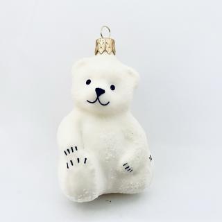 Skleněná ozdoba, ručně zdobená, dětský motiv, Sedící medvídek , velikost 8 cm Balení: 1ks, Barva: bílá, Velikost: 8 cm