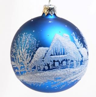 Skleněná vánoční ozdoba modrá s textem na přání, chalupa, 1 ks Balení: 1ks, Barva: modrá, Velikost: 8 cm