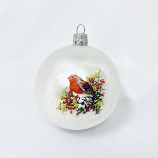 Skleněná vánoční ozdoba s textem na přání - Dekor ptáček v šípkovém keři (1 ks, 8 cm) Balení: 1ks, Barva: bílá, Velikost: 8 cm