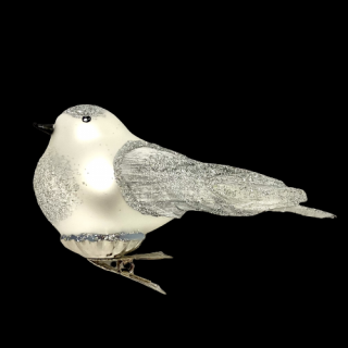 Skleněná vánoční ozdoba - Stříbrný ptáček na skřipci, velikost 10 cm Balení: 1 ks, Barva: stříbrná, Velikost: 10 cm