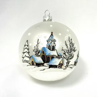 Skleněná vánoční ozdoba „Zimní kostelík v horách“, 10 cm, bílý mat s ruční malbou, dárkové balení 1 ks Balení: 1ks, Barva: bílá, Velikost: 10 cm