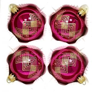Skleněné vánoční koule 7 cm „Art Deco Elegance“ – Lesklá růžová se zlatým geometrickým vzorem ( sada 4 ks ) Balení: 4ks, Barva: růžová, Velikost: 7 cm