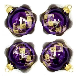 Skleněné vánoční koule 7 cm „Art Deco Royal“ – Lesklá fialová se zlatým geometrickým vzorem ( sada 4 ks ) Balení: 4ks, Barva: fialová, Velikost: 7 cm