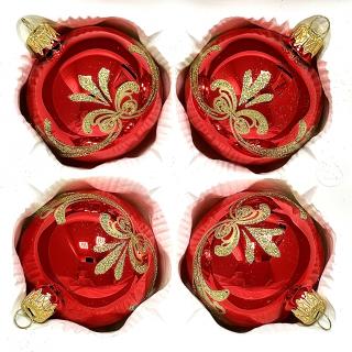 Skleněné vánoční koule 7 cm „Královská červeň“ – Lesklá červená se zlatým ornamentem ( sada 4 ks ) Balení: 4ks, Barva: červená, Velikost: 7 cm