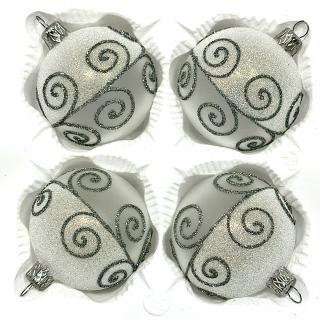 Skleněné vánoční koule 7 cm „Stříbrný vír“ – Bílá se třpytivými stříbrnými spirálami ( sada 4 ks ) Balení: 4ks, Barva: bílá, Velikost: 7 cm