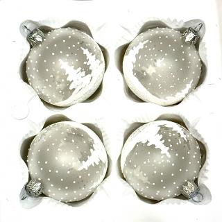Skleněné vánoční koule 7 cm „Zasněžený les“ – Matná šedobílá se zimní krajinou ( sada 4 ks ) Balení: 4ks, Barva: bílá, Velikost: 7 cm