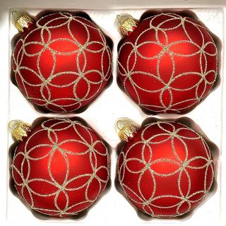 Skleněné vánoční koule 8 cm „Zlatá geometrie“ – Elegantní červené ozdoby s třpytivým dekorem - sada 4 ks Balení: 4ks, Barva: červená, Velikost: 8 cm