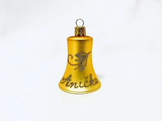 Vánoční skleněný zvonek se jménem – Osobní ozdoba s kouzlem (zlatá, 1 ks, 7 cm) Balení: 1ks, Barva: zlatá, Velikost: 7 cm