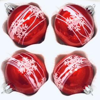 Vánoční Vločky - Červená sada 4 ks skleněných ozdob (Velikost 7cm) Balení: 4ks, Barva: červená, Velikost: 7 cm