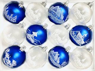 Venkovské kostelíky, chalupy a zvonice II - Sada 12 ks skleněných vánočních koulí velikosti 7 cm (bílé a modrá) IRISA Balení: 7 cm, Barva: bílá;modrá,…