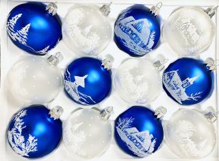 Venkovské kostelíky, chalupy a zvonice - Sada 12 ks skleněných vánočních koulí velikosti 7 cm (bílé a modrá) IRISA Balení: 7 cm, Barva: bílá;modrá,…
