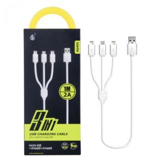 Nabíjecí kabel PLUS 3v1, 2x iPhone Lightning + 1x Micro USB, délka 1m, 2A, rychlé nabíjení (AU402)