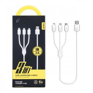 Nabíjecí kabel PLUS 3v1 Micro USB + iPhone Lightning + USB-C, délka 1m, 2A, rychlé nabíjení (AU403)