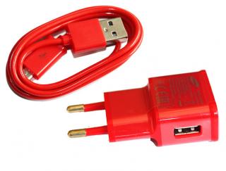 Cestovní nabíječka / zdroj s mircoUSB kabelem 90 cm Barva: Červená, Příslušenství: s kabelem microUSB, Tech. parametry: 5V 0,35A