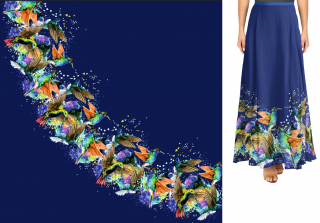 Duhoví ptáčci modré - panel dlouhá půlkolová sukně - 145x290 cm - Silky