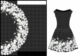 Magnolie bílý puntík na černé - panel na šaty s půlkolovkou - 158x190 cm - Ferra