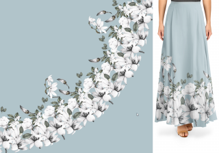Magnolie na šedomodré - panel dlouhá půlkolová sukně - 145x290 cm - Silky
