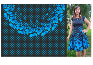 Modrý motýl na černé s puntíky - panel na šaty s půlkolovkou - 158x190 cm - Ferra