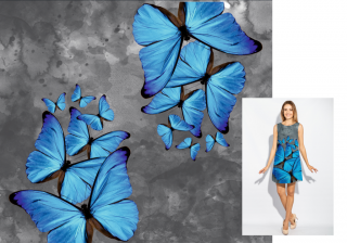 Modrý motýl na šedém ombré - 145x130 cm - Funkční úplet Super cotton look
