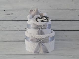 Dvoupatrový černobílý plenkový dort se sloníkem a chrastítkem Barva dortuNEdortu nebo vzor deky: Bílá deka, slon a černobílé tvary - náplň pro…