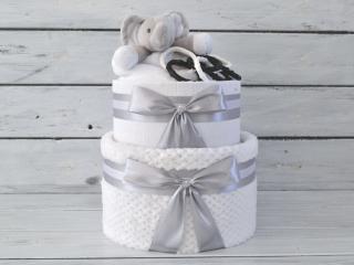 Dvoupatrový černobílý plenkový dort se sloníkem a chrastítkem Barva dortuNEdortu nebo vzor deky: Bílá deka, slon a černobílé tvary - neutrální náplň,…