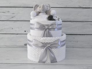 Dvoupatrový černobílý plenkový dort se sloníkem a chrastítkem Barva dortuNEdortu nebo vzor deky: Bílá deka, slon a špendlík - neutrální náplň,…