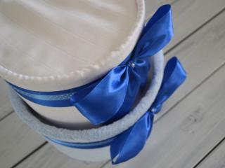 Dvoupatrový plenkový dort I. Barva dortuNEdortu nebo vzor deky: Modrá, Velikost: Miminko se narodilo a jsou mu 3 měsíce