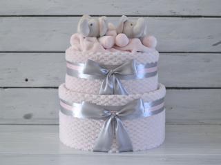 Dvoupatrový plenkový dort pro dvojčata zdobený sloníky Barva dortuNEdortu nebo vzor deky: Růžové deky a šedá mašle, Velikost: Miminko se ještě…