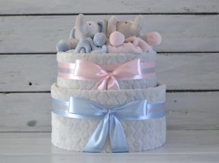 Dvoupatrový plenkový dort pro dvojčata zdobený sloníky Barva dortuNEdortu nebo vzor deky: Šedé deky a růžovo-modrá mašle, Velikost: Miminku už je víc…