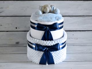 Dvoupatrový plenkový dort VI. s šedou dekou a sloníkem Barva dortuNEdortu nebo vzor deky: Pro chlapečka, modrá deka a tmavě modrá mašle, Velikost:…