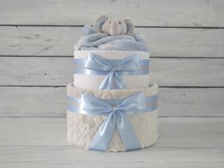 Dvoupatrový plenkový dort VI. s šedou dekou a sloníkem Barva dortuNEdortu nebo vzor deky: Pro chlapečka, Velikost: Miminko se narodilo a jsou mu 3…