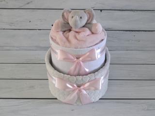 Dvoupatrový plenkový dort VI. s šedou dekou a sloníkem Barva dortuNEdortu nebo vzor deky: Pro holčičku, Velikost: Miminko se narodilo a jsou mu 3…