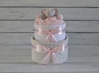 Dvoupatrový plenkový dort VII. s šedou dekou a sloníkem Barva dortuNEdortu nebo vzor deky: Pro holčičku, Velikost: Miminko se narodilo a jsou mu 3…