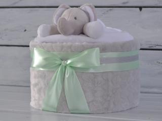 Jednopatrový plenkový dort XI. zdobený sloníkem usínáčkem Barva dortuNEdortu nebo vzor deky: Mint mašle a neutrální náplň, Velikost: Miminko se ještě…