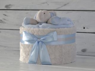 Jednopatrový plenkový dort XI. zdobený sloníkem usínáčkem Barva dortuNEdortu nebo vzor deky: Modrá mašle a náplň pro chlapečka, Velikost: Miminko se…