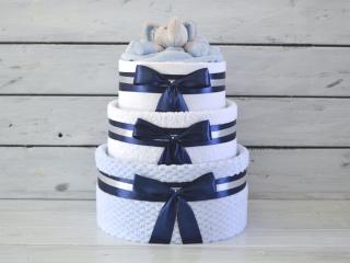 Třípatrový plenkový dort I. zdobený medvídkem nebo sloníkem usínáčkem Barva dortuNEdortu nebo vzor deky: Modrá deka, tmavě modrá mašle a slon,…